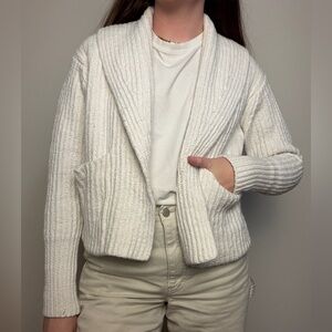 MM Lafluer white merino wool cotton blend collared ribbed cardigan sweater XS/S